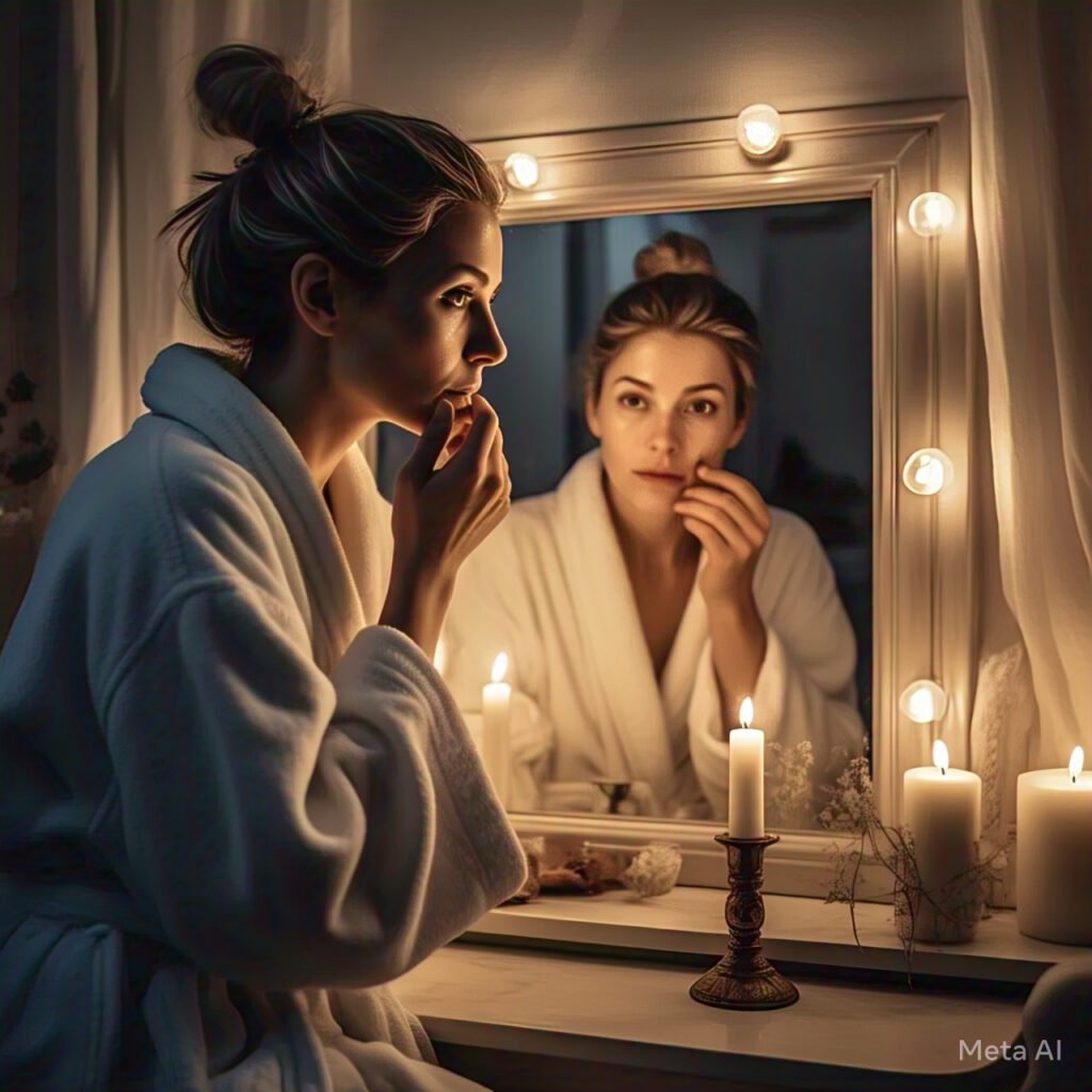 Woman examining dull, dry skin in mirror showing common skin problems and signs of aging