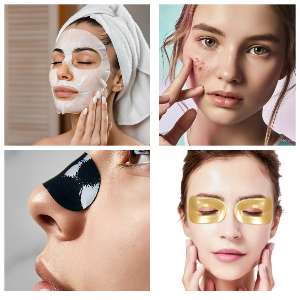 Hydrating face mask, gold eye gel patches, acne patch, and blackhead nose strip by Mishkin