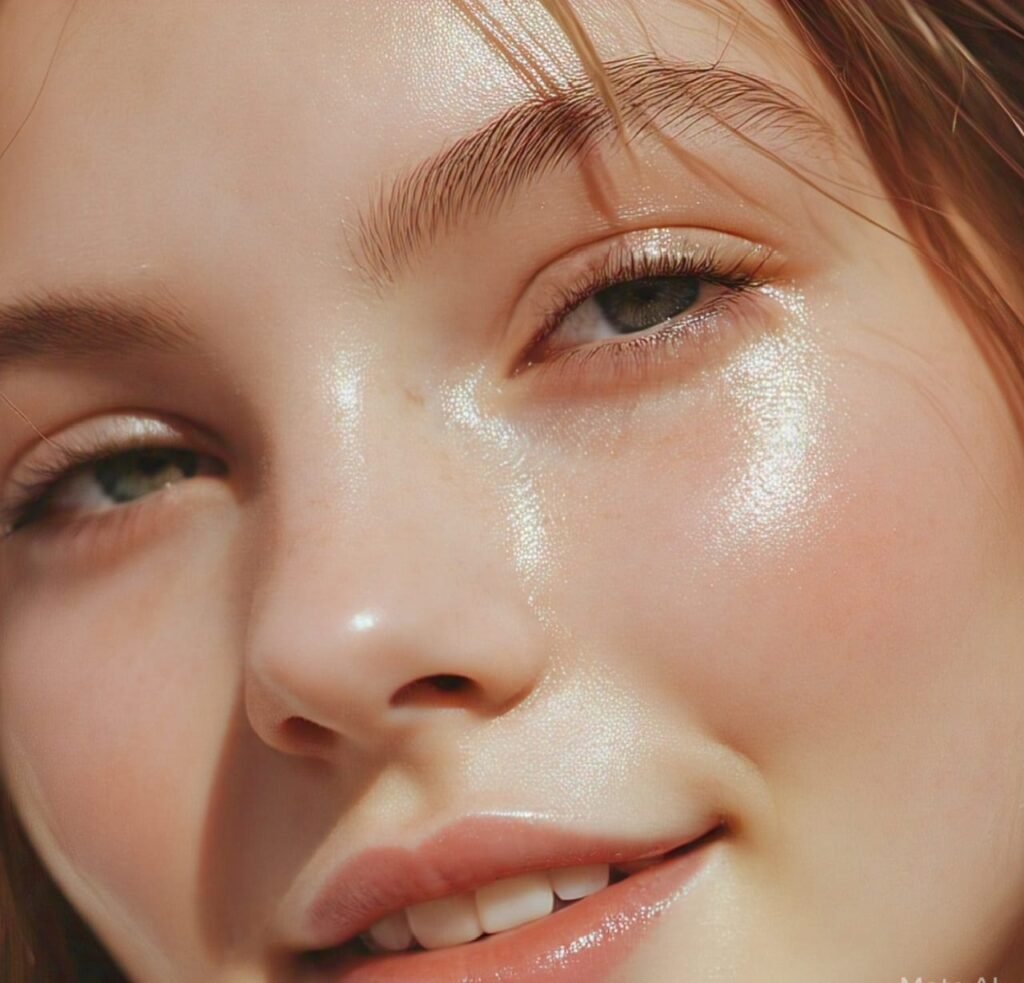Woman with radiant, glowing skin after skincare routine – healthy and hydrated complexion