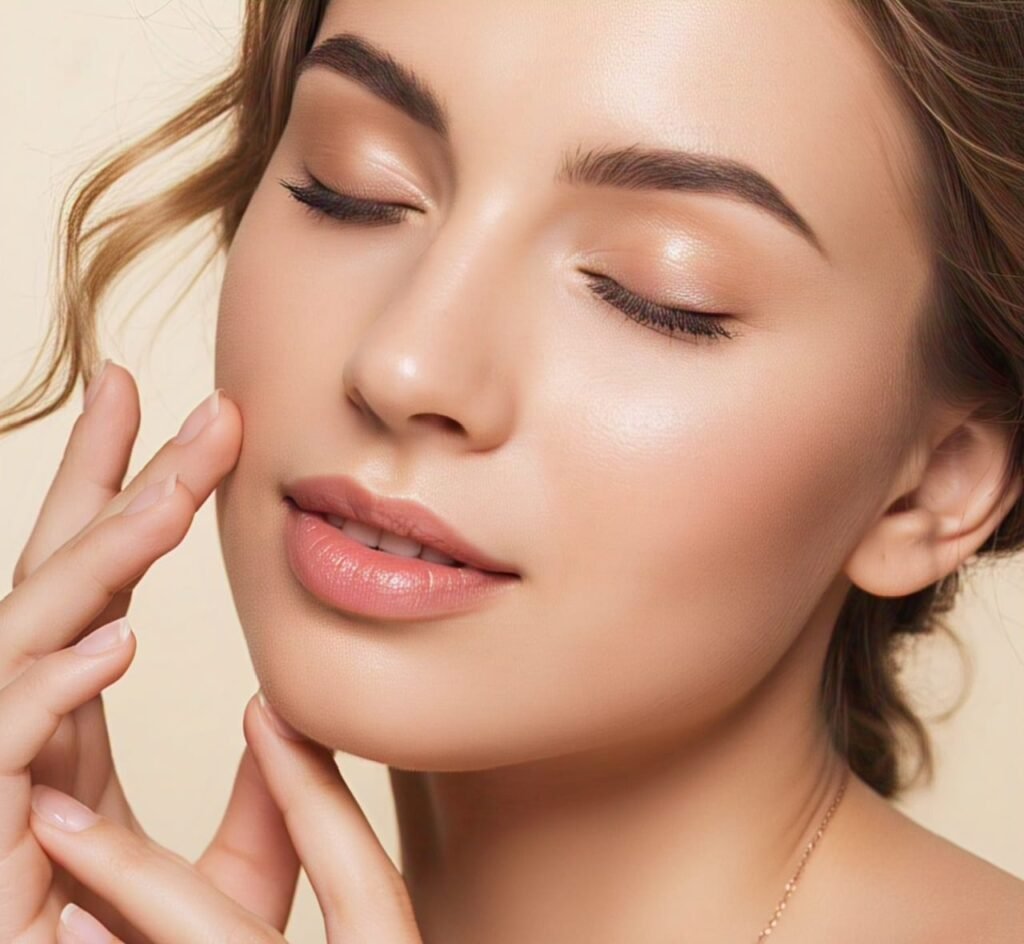 Beautiful woman with radiant, clear skin after following the perfect skincare routine