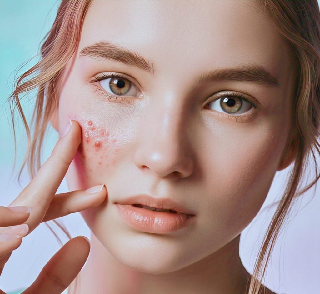 "Woman with visible acne-prone skin before starting skincare treatment"