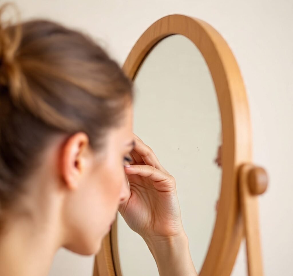 Worried woman looking at acne-prone skin in the mirror before skincare routine"