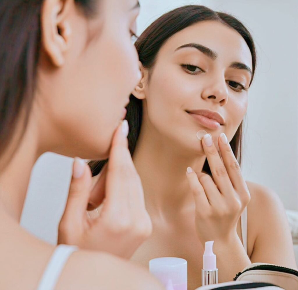Woman applying acne patch as part of skincare routine for acne-prone skin