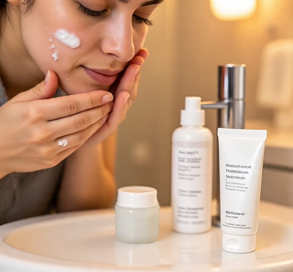 Woman cleansing her face as the first step in skincare routine for acne-prone skin