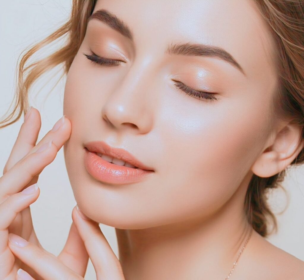"Happy woman with clear, glowing skin after following a skincare routine for acne-prone skin"