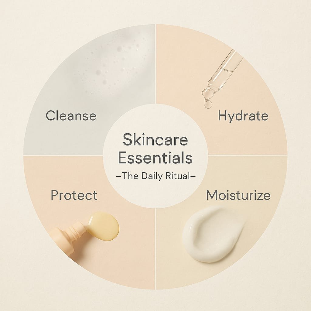 "Skincare routine essentials for acne-prone skin — cleanse, moisturize, hydrate, and protect"
