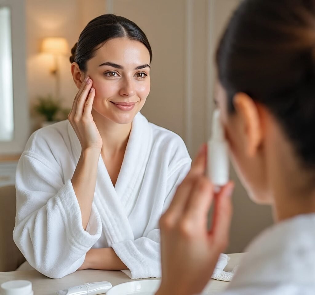 Woman looking into mirror while checking her skin and beauty routine.