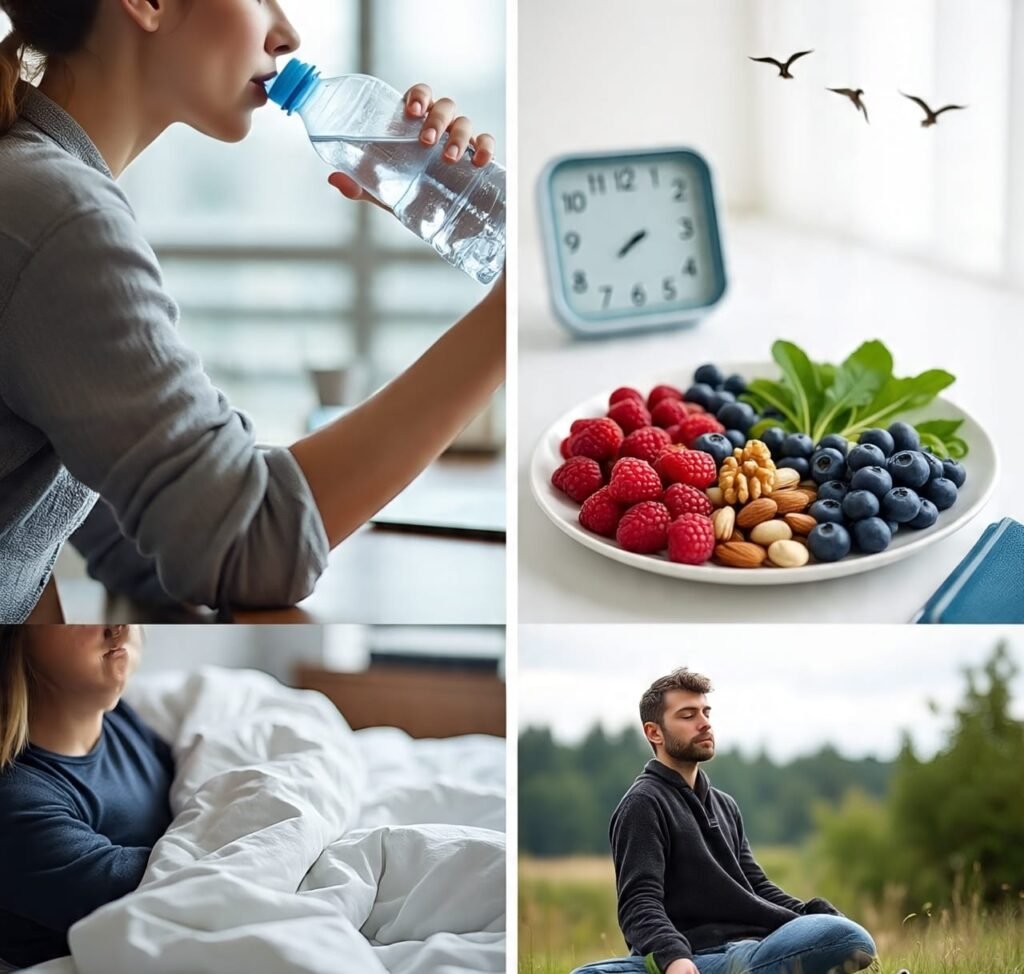 Collage of healthy lifestyle habits including exercise, nutritious food, skincare, and hydration.
