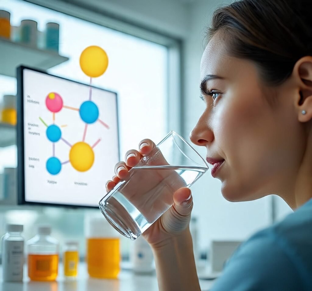 Young woman drinking a glass of water to stay hydrated for glowing skin.