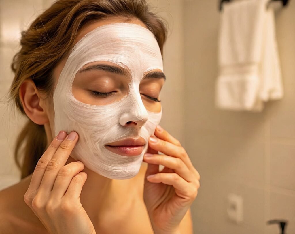 Woman applying hydrating face mask at home for glowing, healthy skin.