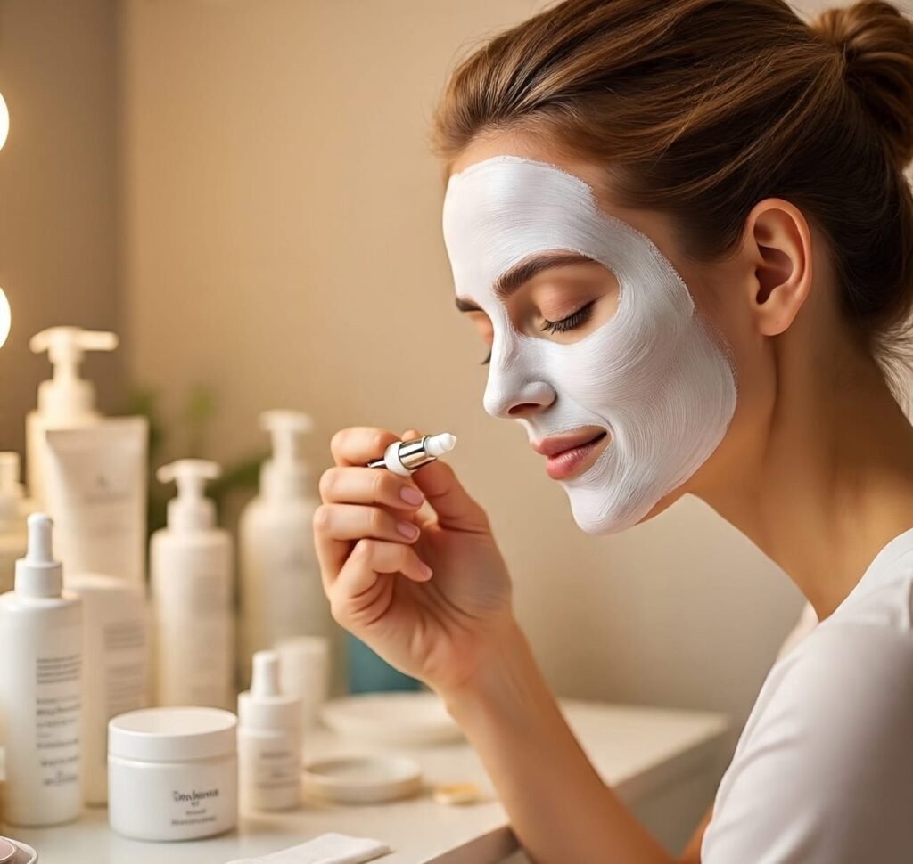 Smiling woman applying skincare cream as part of her daily skincare routine for healthy glowing skin.