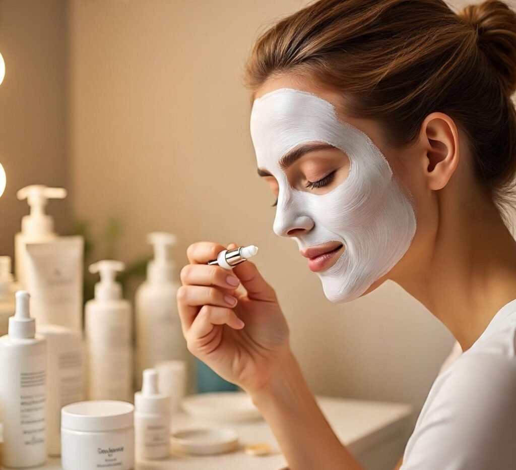 Close-up of a face mask being applied, highlighting skincare self-care routine.