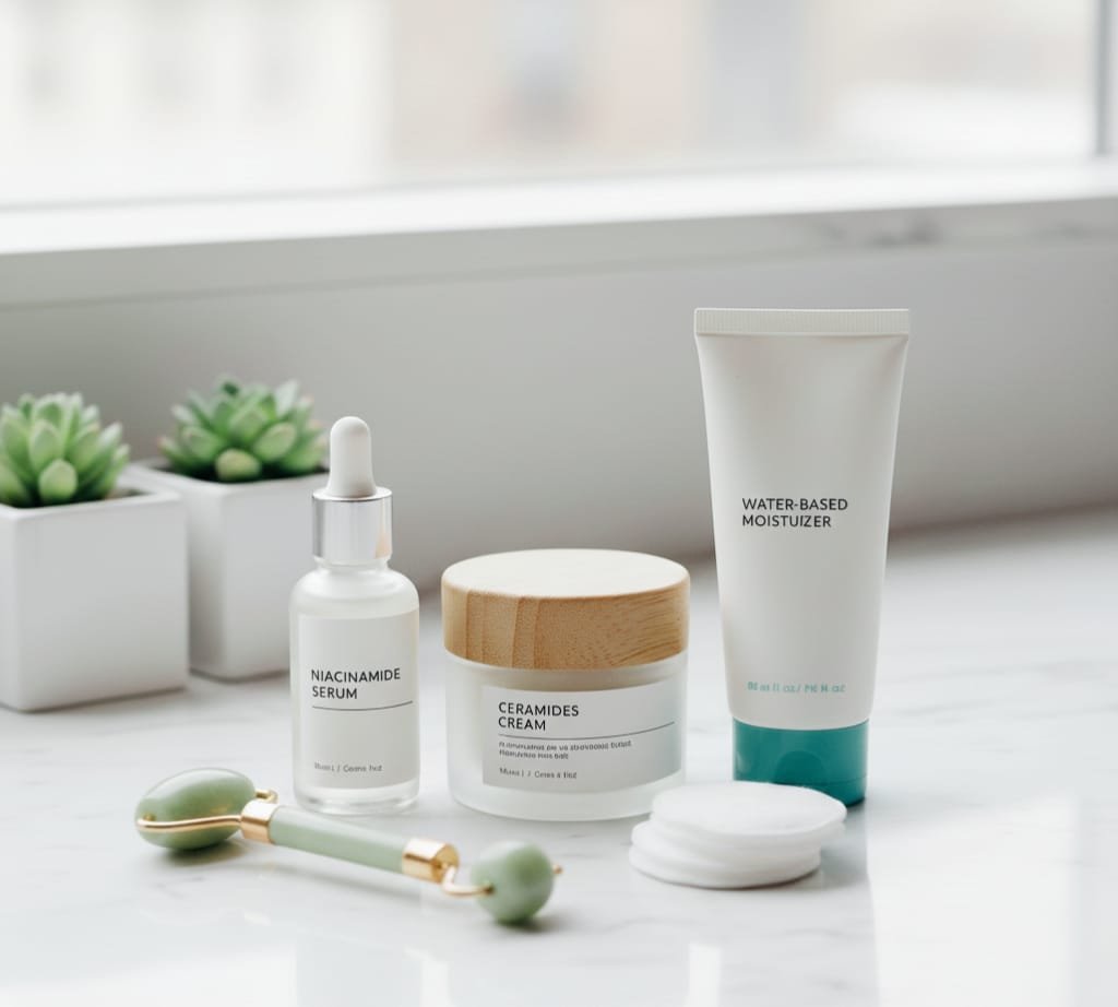 "Minimalist skincare setup featuring niacinamide serum, ceramides cream, and water-based moisturizer on a clean white marble countertop, symbolizing skin barrier repair."